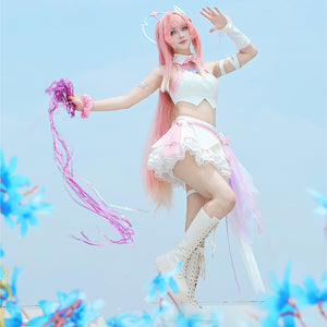 COSFUN Wuthering Waves Aemeath cosplay costume layers a white halter top above a ruffled skirt and pink trailing bow.