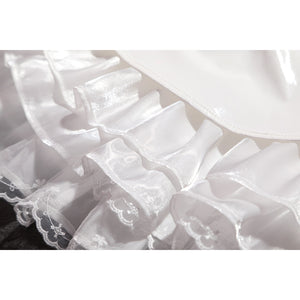 Wuthering Waves Aemeath cosplay skirt ruffle close-up stacks glossy white satin over delicate lace trim.