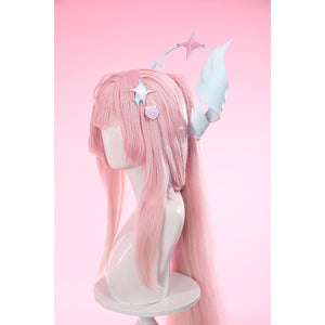 Wuthering Waves Aemeath cosplay headpiece side view arcs the blue wing piece behind star and heart hair clips.