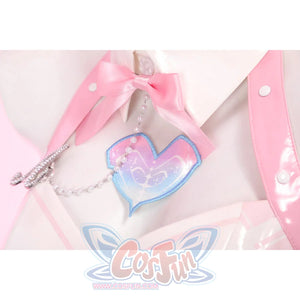 Wuthering Waves Aemeath cosplay heart patch detail sits below a pink bow tie, framed by glossy straps and chain.