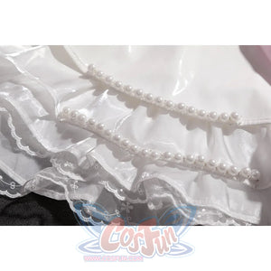 Wuthering Waves Aemeath cosplay skirt trim detail lines glossy ruffles with pearl-like beads and embroidered lace.