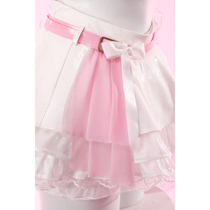 Wuthering Waves Aemeath cosplay skirt panel detail drops a soft pink side layer between white ruffles and lace trim.