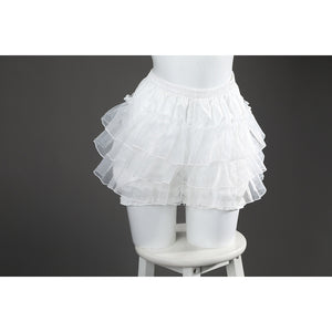 Wuthering Waves Aemeath cosplay pumpkin shorts front view gathers glossy white ruffles into a tiered silhouette.
