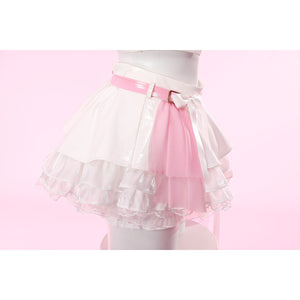 Wuthering Waves Aemeath cosplay skirt front detail sets a pink belt and bow above layered white ruffles.