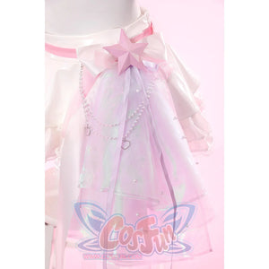 Wuthering Waves Aemeath cosplay trailing waist bow detail layers pink gauze, star bow, beads, and ribbon tails.