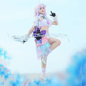 Wuthering Waves Denia cosplay costume balances a white jacket, gradient tie, skirt shorts, and purple side bow.