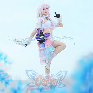 Wuthering Waves Denia cosplay costume balances a white jacket, gradient tie, skirt shorts, and purple side bow.