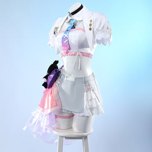 Wuthering Waves Denia cosplay costume angled front view layers the jacket, tie, collar, gloves, and plush side bow.