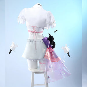 Wuthering Waves Denia cosplay costume back view laces the cropped jacket above skirt shorts and a layered side ribbon.