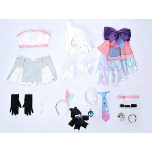 Wuthering Waves Denia cosplay costume flat lay arranges the jacket, skirt shorts, gloves, plush, and accessories.