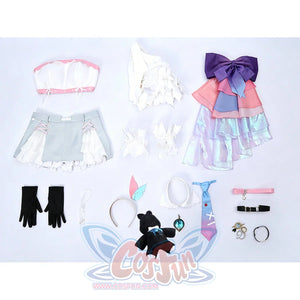 Wuthering Waves Denia cosplay costume flat lay arranges the jacket, skirt shorts, gloves, plush, and accessories.