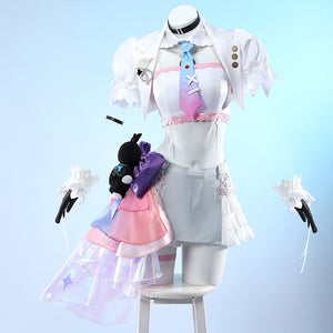 Wuthering Waves Denia cosplay costume front set pairs the jacket, tie, skirt shorts, side ribbon, gloves, and plush.