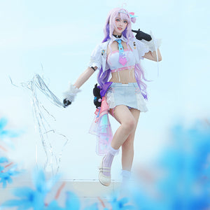 COSFUN Wuthering Waves Denia cosplay costume layers a white jacket and tie over skirt shorts beside a black bear plush.