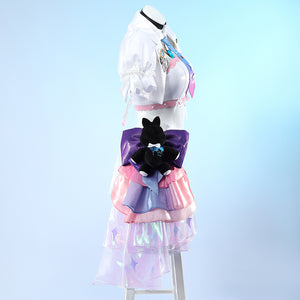 Wuthering Waves Denia cosplay costume profile view stacks the jacket, skirt shorts, plush, and iridescent side ribbon.