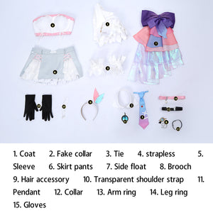 Wuthering Waves Denia cosplay full set flat lay labels the jacket, collar, tie, gloves, plush, and brooch pieces.
