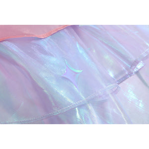 Wuthering Waves Denia cosplay gauze seam detail catches a glossy iridescent layer with stitched edging.