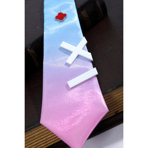 Wuthering Waves Denia cosplay gradient tie close-up sets white cross bars over blue and pink satin.