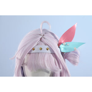 Wuthering Waves Denia cosplay headpiece detail lines gold-tone studs across a white band under pastel fins.