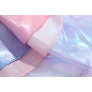 Wuthering Waves Denia cosplay iridescent gauze detail shifts blue, pink, and purple tones across layered fabric.
