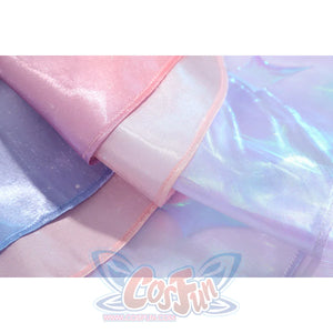 Wuthering Waves Denia cosplay iridescent gauze detail shifts blue, pink, and purple tones across layered fabric.