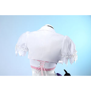 Wuthering Waves Denia cosplay jacket back view ties a cropped white panel above soft puff sleeves.