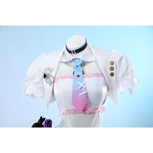 Wuthering Waves Denia cosplay jacket front detail sets a blue-to-pink tie under a white collar and puff sleeves.
