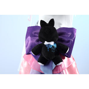 Wuthering Waves Denia cosplay plush bow back detail centers the black bear over purple satin and pink layers.