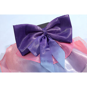 Wuthering Waves Denia cosplay purple side bow detail gathers satin folds over pink and blue ribbon tails.