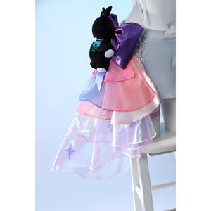 Wuthering Waves Denia cosplay side plush detail anchors the black bear over purple and pink bow layers.
