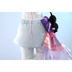 Wuthering Waves Denia cosplay skirt back detail sets pale shorts beside a pink bow and iridescent ribbon tail.