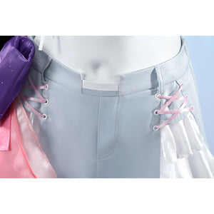Wuthering Waves Denia cosplay skirt shorts front detail ties pink lacing beside white ruffle panels.