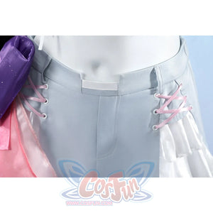 Wuthering Waves Denia cosplay skirt shorts front detail ties pink lacing beside white ruffle panels.