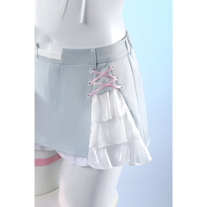 Wuthering Waves Denia cosplay skirt shorts side panel detail laces pink cord beside layered white ruffles.