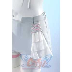 Wuthering Waves Denia cosplay skirt shorts side panel detail laces pink cord beside layered white ruffles.