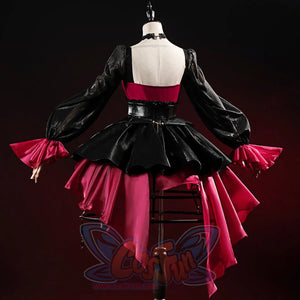 Wuthering Waves Phrolova Night Tales cosplay costume back view shows a black cape over red skirt layers.