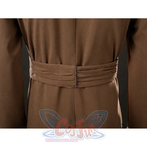 Yoda Master cosplay costume gathers at the waist with a wide brown fabric belt constructed from soft brushed cotton.