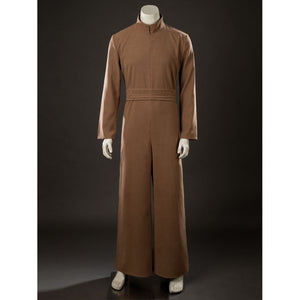 Yoda Master cosplay costume gathers at the waist with a structured belt and follows a clean silhouette in brushed cotton.