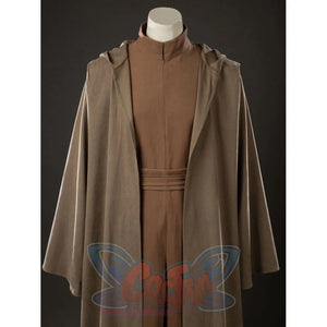 Yoda Master cosplay costume layers a long hooded robe over a simple brown jumpsuit and matching waist belt for outfit.