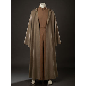 Yoda Master cosplay costume layers a brown hooded outer robe over a high-neck jumpsuit to complete the full character set.