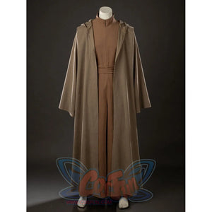 Yoda Master cosplay costume layers a brown hooded outer robe over a high-neck jumpsuit to complete the full character set.