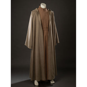 Yoda Master cosplay costume layers a long hooded outer robe over a brown jumpsuit with a wide matching fabric belt detail.