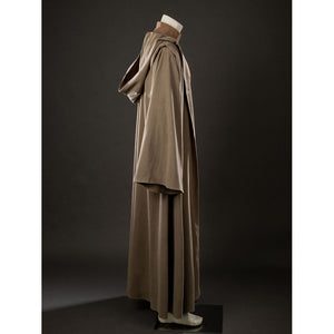 Yoda Master cosplay costume layers a long brown hooded outer robe with wide sleeves over a soft knit jumpsuit and belt.