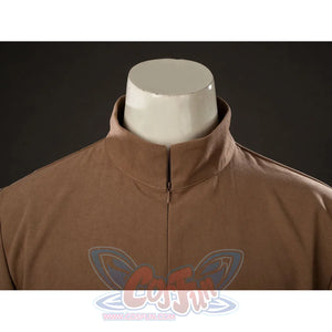 Yoda Master cosplay costume frames the soft brushed cotton high collar neckline with a center zipper closure detail.