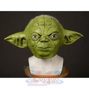 Yoda Master cosplay headpiece and claws curve into a textured green latex mask with intricate skin wrinkles and wide ears.