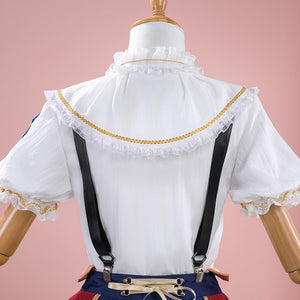1883 Science and Medium Yongchu Taffy cosplay costume anchors gold-tone trim along the ruffled white shirt shoulder layers.