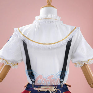 1883 Science and Medium Yongchu Taffy cosplay costume anchors gold-tone trim along the ruffled white shirt shoulder layers.