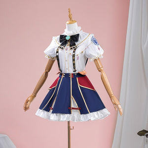 1883 Science and Medium Yongchu Taffy cosplay costume shirt gathers at the collar and pairs beside a pleated skirt set.