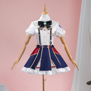 COSFUN 1883 Science and Medium Yongchu Taffy cosplay costume sets a white ruffled shirt above a blue and red pleated skirt.