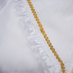 1883 Science and Medium Yongchu Taffy cosplay costume captures textured white fabric gathered beneath gold-tone trim.