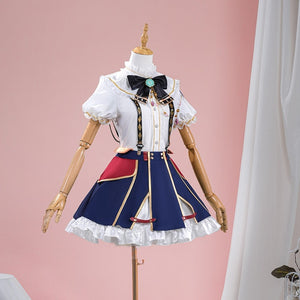 1883 Science and Medium Yongchu Taffy cosplay costume includes a white ruffled shirt and a dark blue suspender skirt set.